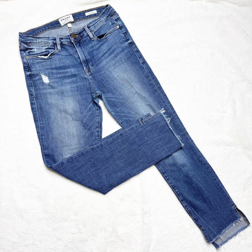 FRAME Denim Le High Straight High Rise Cropped Distressed Blue Jeans Size 28